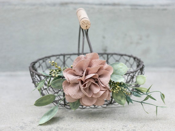 Rustic Flower Girl Basket | Small Flower Girl Gift | Boho Wire Basket | Modern Wedding Flower Basket | Ivory Mauve or Warm Taupe Flower