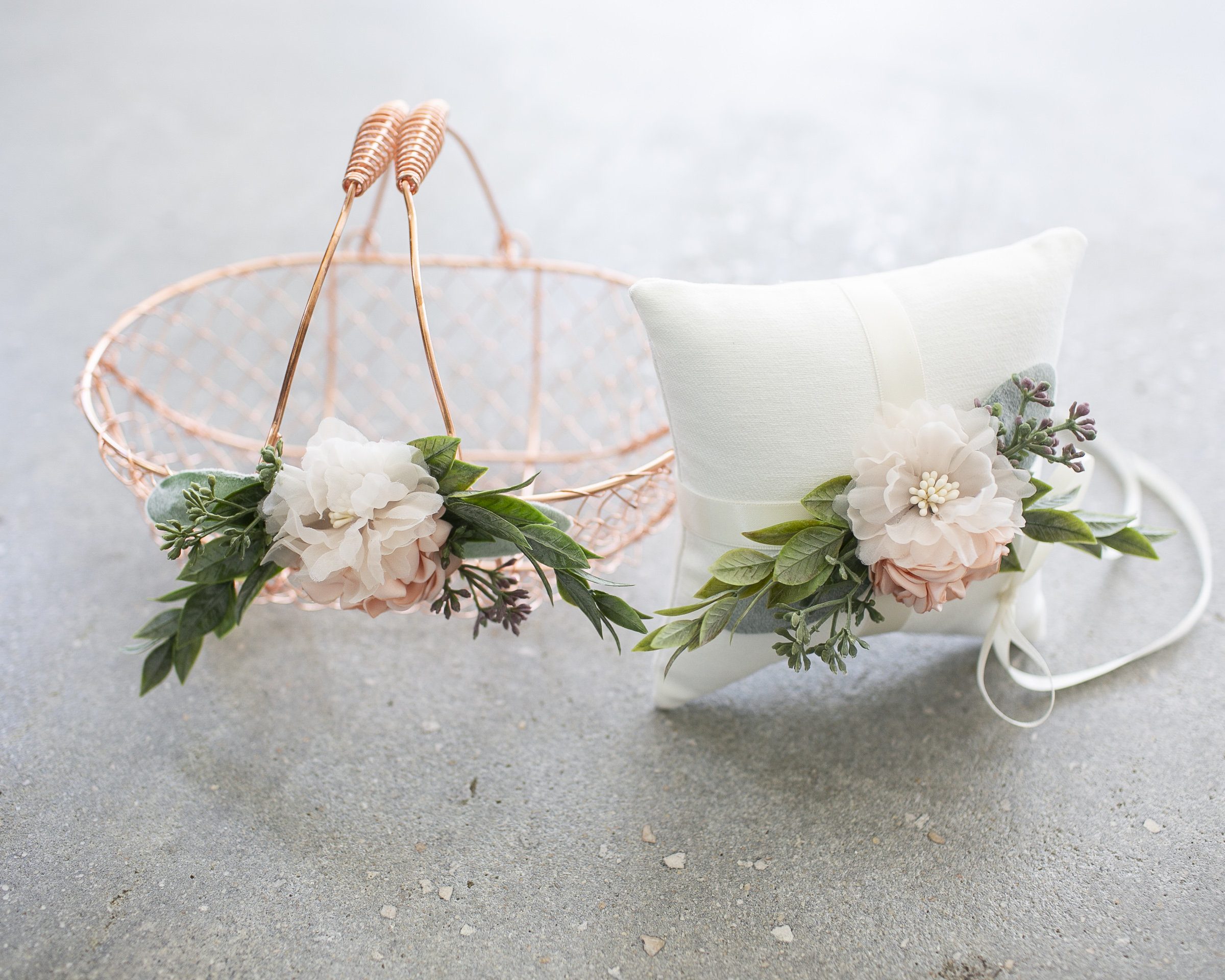 Flower Girl Basket and Ring Pillow Set Rose Gold Flower Girl Blush