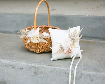 Boho Flower Girl Basket | Rattan Basket + Ring Bearer Pillow Set | Desert Willow Wedding Basket & Crown | Boho Decorated Flower Girl Basket