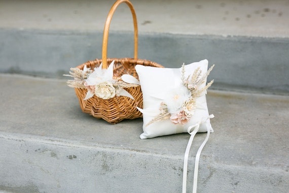 Boho Flower Girl Basket | Rattan Basket + Ring Bearer Pillow Set | Desert Willow Wedding Basket & Crown | Boho Decorated Flower Girl Basket