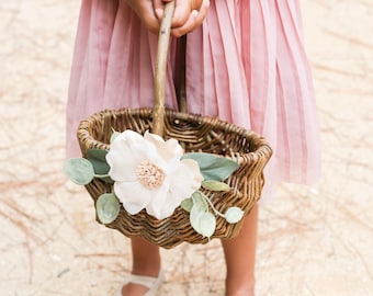 Flower Girl Basket | Willow Wedding Basket | Flower Girl Basket | Romantic Flower Girl Basket | Gift Basket w/ Greenery | Vintage Wedding