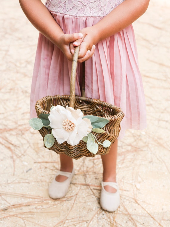 Flower Girl Basket | Willow Wedding Basket | Flower Girl Basket | Romantic Flower Girl Basket | Gift Basket w/ Greenery | Vintage Wedding