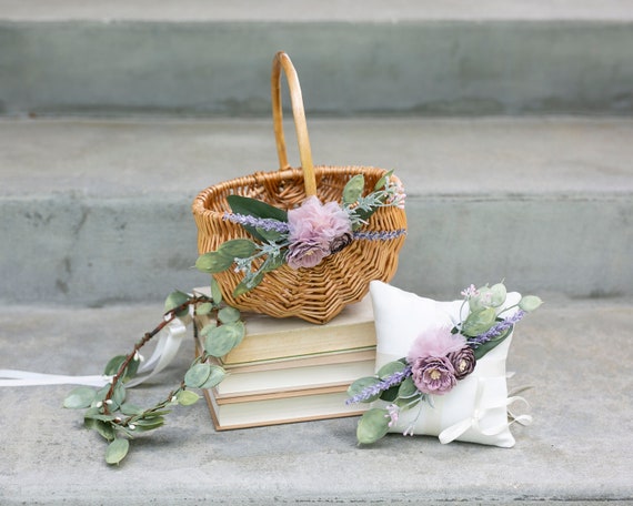 Flower Girl Basket Set | Boho Wedding Flower Girl Gift | Lavender & Mauve Wedding | Whimsical Matching Flower Girl Basket + Ring Pillow Set