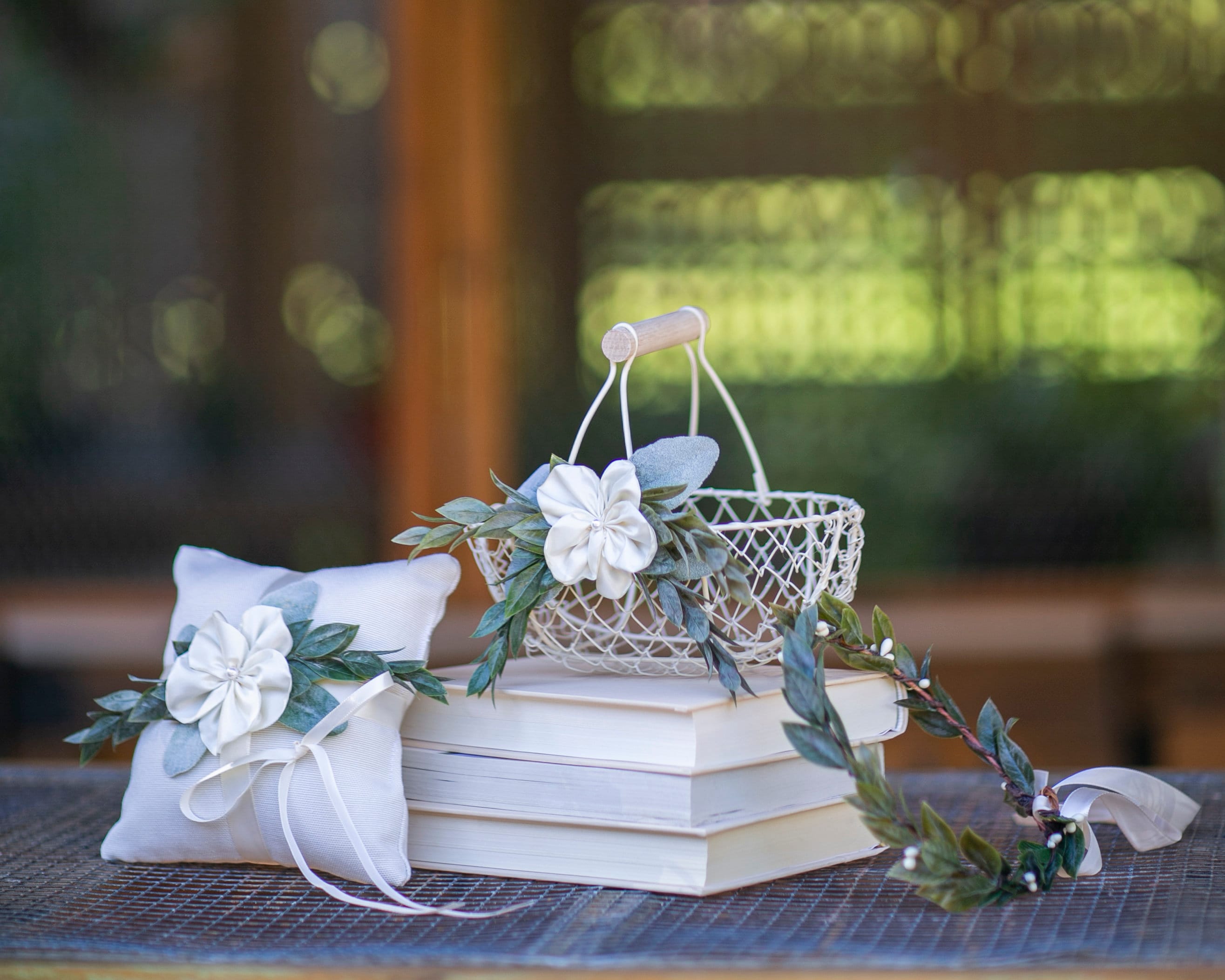 Flower Girl Basket and Ring Pillow Set Small Ivory Wedding Basket