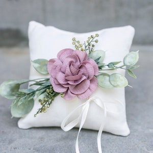 Ring Bearer Pillow Wedding Ring Pillow Ivory Linen-look Wedding Ring Display Floral Pillow Greenery Pillow Ring Cushion Photo Prop image 7