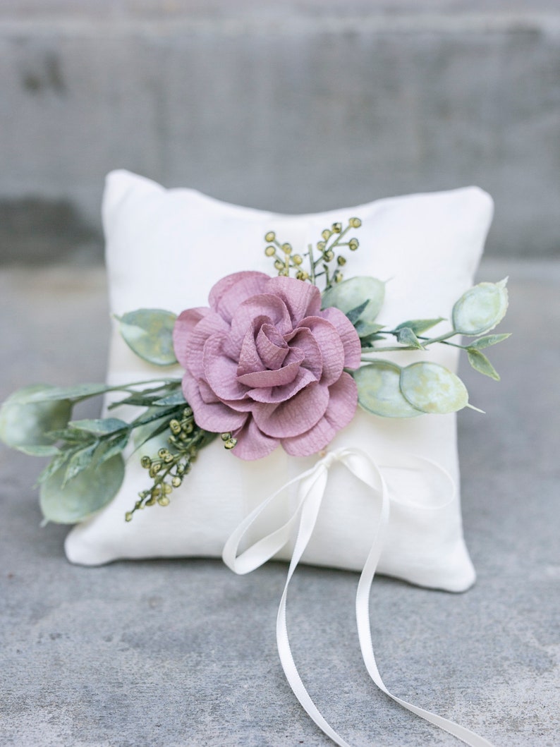 Ring Bearer Pillow Wedding Ring Pillow Ivory Linen-look Wedding Ring Display Floral Pillow Greenery Pillow Ring Cushion Photo Prop image 7