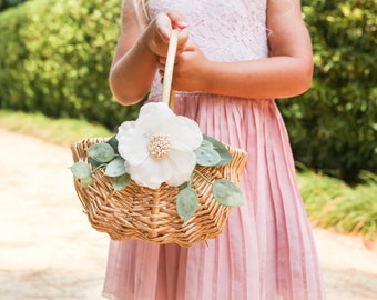 Rattan Flower Girl Basket | Willow Wedding Basket | Flower Girl Basket | Romantic Wedding Decor | Flower Girl Ring Bearer Set w/ Greenery