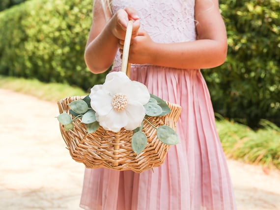 Rattan Flower Girl Basket | Willow Wedding Basket | Flower Girl Basket | Romantic Wedding Decor | Flower Girl Ring Bearer Set w/ Greenery