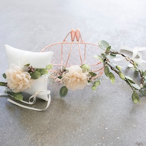 Panier bohème fille d'honneur | Panier en cuivre, rustique, or, ivoire ou rotin | Parure glamour fille d'honneur et porteur d'alliances | Panier de mariage