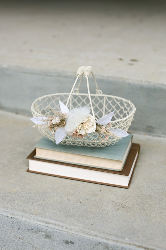 Boho ivory Flower Girl Basket | Pampas Desert Wedding Decor or Gift Basket | Modern Decorated Flower Girl Sets | Matching Wedding Set