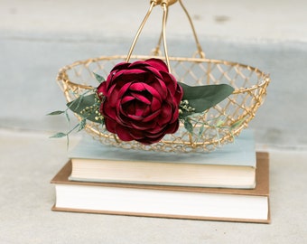 Romantic Rose Red Flower Girl Basket | Gold Metal Wedding Basket | Flower Girl Gift Set | Red Glam Boho Wedding | Rose Ring Pillow