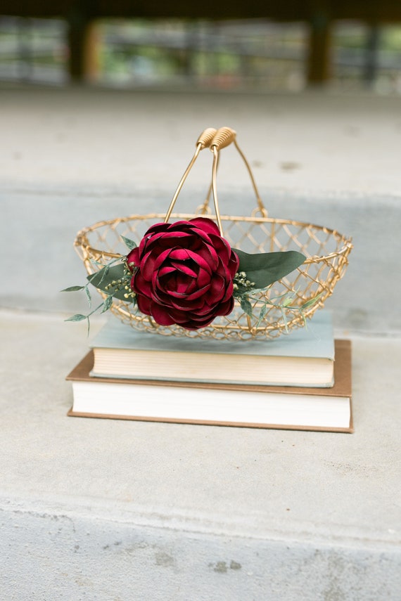 Romantic Rose Red Flower Girl Basket | Gold Metal Wedding Basket | Flower Girl Gift Set | Red Glam Boho Wedding | Rose Ring Pillow