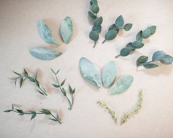 Loose Faux Greenery Bundle | Toss Petal Leaves | Table Styling Leaves and Branches | Photo Prop Faux Greenery | Lambs Ear | Blue Eucalyptus