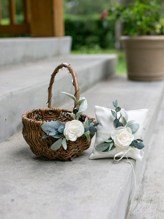 Flower Girl Basket and Ring Bearer Pillow Set | Willow Wedding Basket | Flower girl Set | Boho Flower Girl | Petal Toss Basket & Ring Pillow