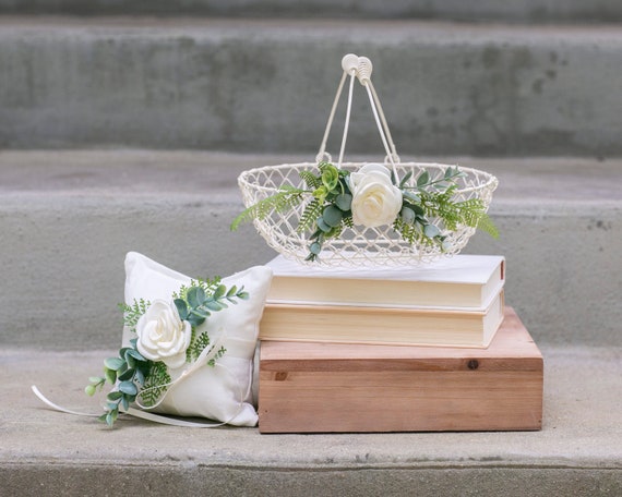 Flower Girl Basket & Ring Pillow Set | Ivory Metal Wedding Basket | Wedding Basket + Ring Pillow Set | Flower Girl Set | Ring Bearer Cushion
