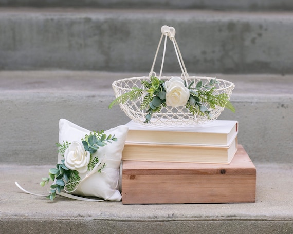 Flower Girl Basket & Ring Pillow Set | Ivory Metal Wedding Basket | Wedding Basket + Ring Pillow Set | Flower Girl Set | Ring Bearer Cushion