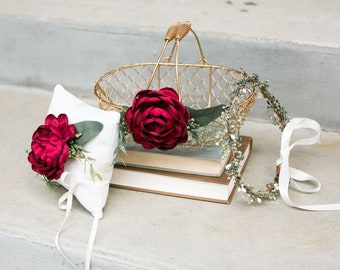 Flower Girl Basket Pillow and Crown Set Option | Gold Metal Wedding Basket | Flower Girl Gift Set | Red Glam Boho Wedding | Rose Ring Pillow