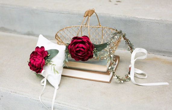 Flower Girl Basket Pillow and Crown Set Option | Gold Metal Wedding Basket | Flower Girl Gift Set | Red Glam Boho Wedding | Rose Ring Pillow