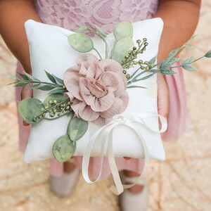 Ring Bearer Pillow Wedding Ring Pillow Ivory Linen-look Wedding Ring Display Floral Pillow Greenery Pillow Ring Cushion Photo Prop image 2