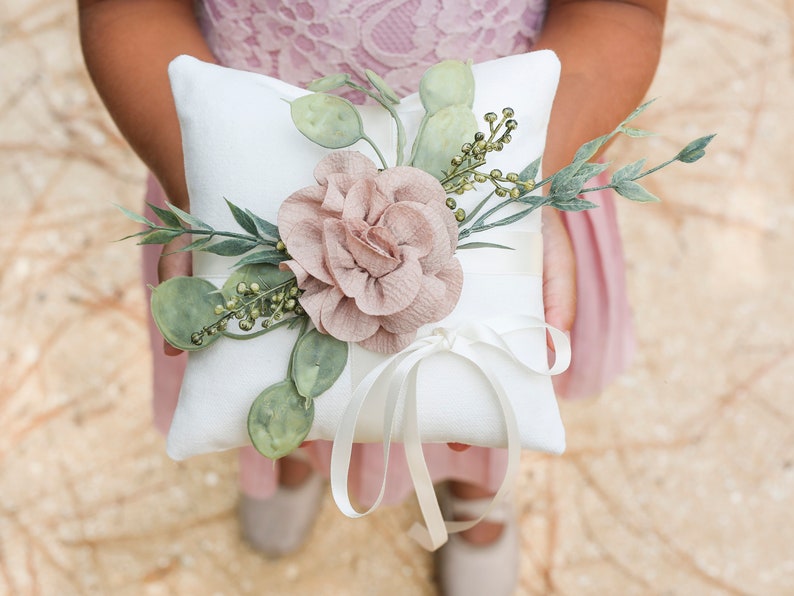 Ring Bearer Pillow Wedding Ring Pillow Ivory Linen-look Wedding Ring Display Floral Pillow Greenery Pillow Ring Cushion Photo Prop image 2