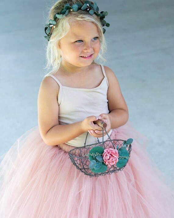 Rustic Flower Girl Basket | Barn Wedding Flower Girl Gift | Bronze Mini Basket | Country Flower Petal Basket with Pink or Ivory Floral