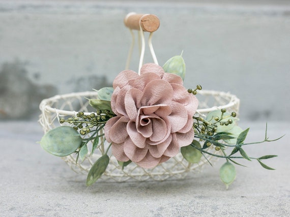 Boho Flower Girl Basket | Small Flower Girl Gift | Rustic Wire Basket | Simple Wedding Basket | Eucalyptus & Rose Ivory Basket | Nude Flower