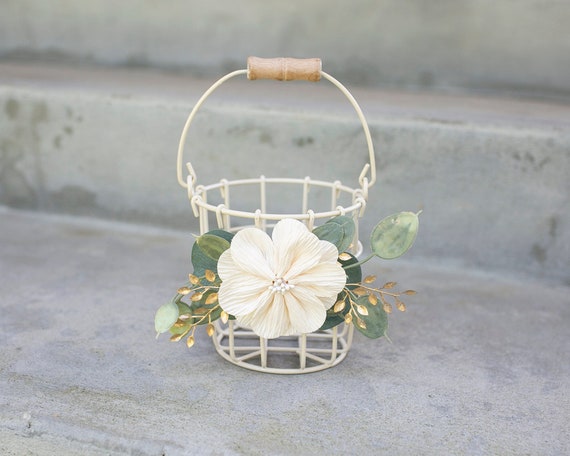 Flower Girl Basket | Petite Ivory Wire Bucket | Matching Wedding Baskets | Toss Petal Basket for Small Flower Girl | Wire Gift Basket