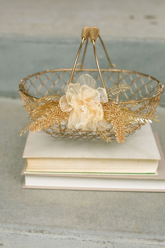 Champagne Gold Metallic Flower Girl Basket | Golden Wedding or Gift Basket | Modern, Decorated Flower Girl Basket | Gold Glam Wedding Decor