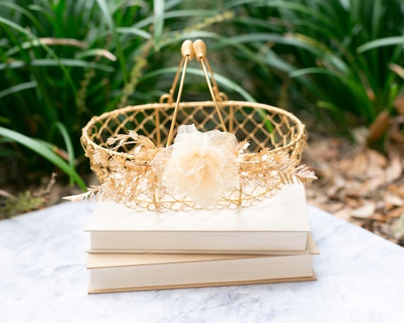 Gold Metallic Flower Girl Basket | Copper Wedding or Gift Basket | Modern + Elegant Flower Girl Basket | Champagne Gold Glam Wedding Decor