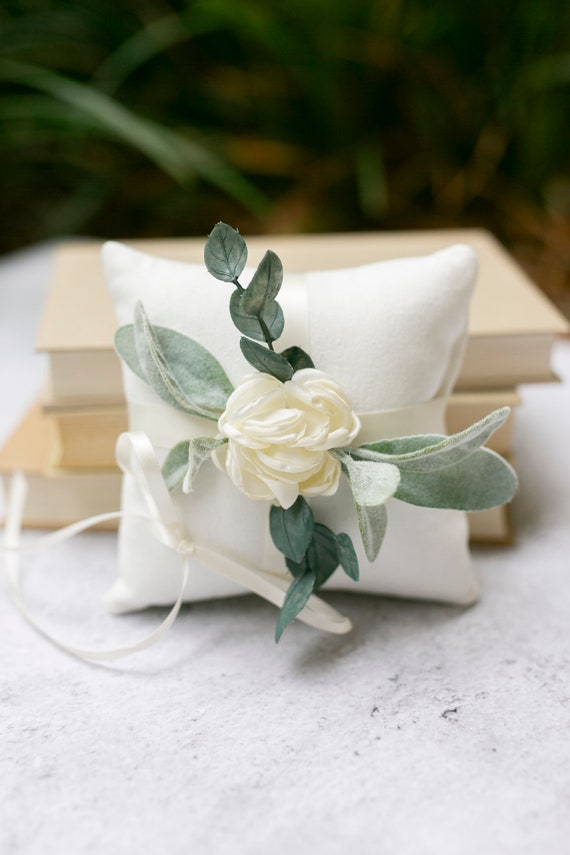 Ring Bearer Pillow  | Wedding Ring Pillow | Ivory Linen-look Wedding Ring Display | Floral Pillow | Greenery Pillow | Ring Cushion