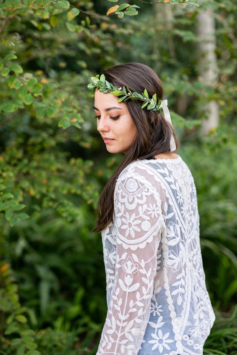 Green Leaf Crown Boudoir, Bridal Shower Hair Piece Simple Flower Crown Boho Wedding Halo Bridesmaid or Wedding Gift Sage Leaf image 4