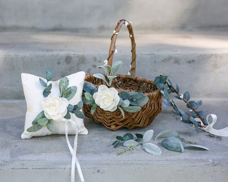 Flower Girl Basket Willow Wedding Basket Flower Girl Basket Small Flower Girl Basket Gift Basket w/ Greenery Decorated Basket 4 Piece Set