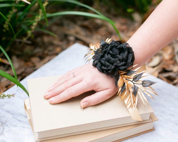 Flower Corsage | Prom Homecoming or Wedding Corsage | Mother of the Bride Keepsake | Black and Gold Corsage | Roaring Twenties Glamorous