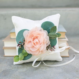 Ring Bearer Pillow Blush Wedding Ring Pillow Ivory Linen-look Wedding Ring Display Floral Pillow Greenery Pillow Ring Cushion image 9