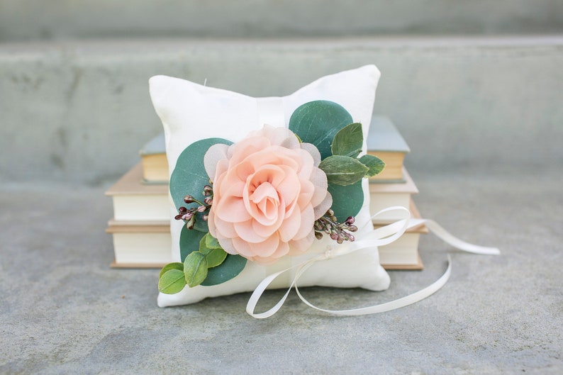 Ring Bearer Pillow Blush Wedding Ring Pillow Ivory Linen-look Wedding Ring Display Floral Pillow Greenery Pillow Ring Cushion image 9