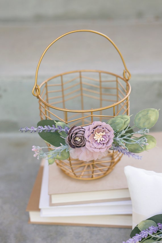 Flower Girl Basket Set | Rustic Wedding Flower Girl & Ring Bearer Gift | Lavender + Greenery Wedding Decor | Gold Bucket Metal Basket