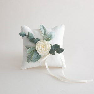 Ring Bearer Pillow Wedding Ring Pillow Ivory Linen-look Wedding Ring Display Floral Pillow Greenery Pillow Ring Cushion image 6