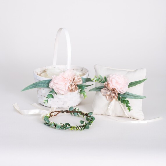 Emerald Green Flower Girl Basket Ring Bearer Pillow Guest Book Pen Set Wedding