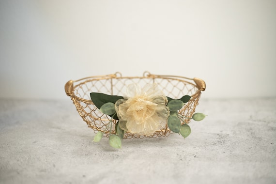 Sale • Imperfect Champagne Gold Wire Flower Girl Basket | Decorative Floral Basket | Garden Wedding Decor