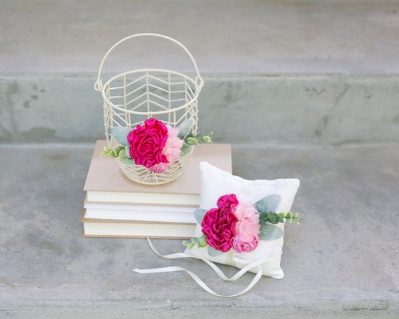 Pink Doll Flower Girl Basket | Pink Glam Wedding Flower Girl & Ring Bearer Gift | Boho Bold Pink Wedding | Ivory Bucket Metal Basket