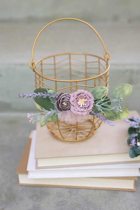 Flower Girl Basket Set | Rustic Wedding Flower Girl & Ring Bearer Gift | Lavender + Greenery Wedding Decor | Gold Bucket Metal Basket