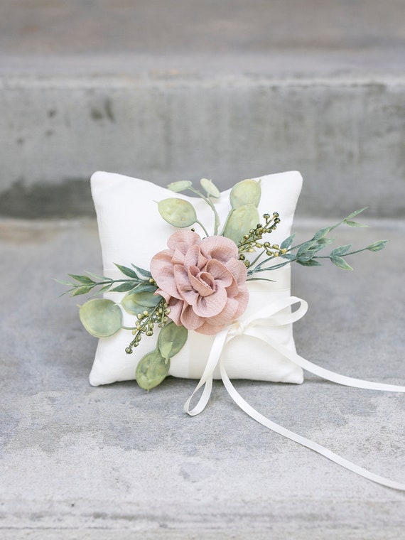 Ivory Linen-Look Ring Bearer Pillow: Floral Greenery Accent