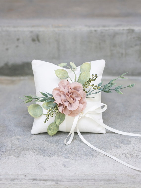 Ring Bearer Pillow | Wedding Ring Pillow | Ivory Linen-look Wedding Ring Display | Floral Pillow | Greenery Pillow | Ring Cushion Photo Prop