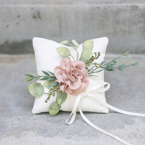 Ring Bearer Pillow | Wedding Ring Pillow | Ivory Linen-look Wedding Ring Display | Floral Pillow | Greenery Pillow | Ring Cushion Photo Prop