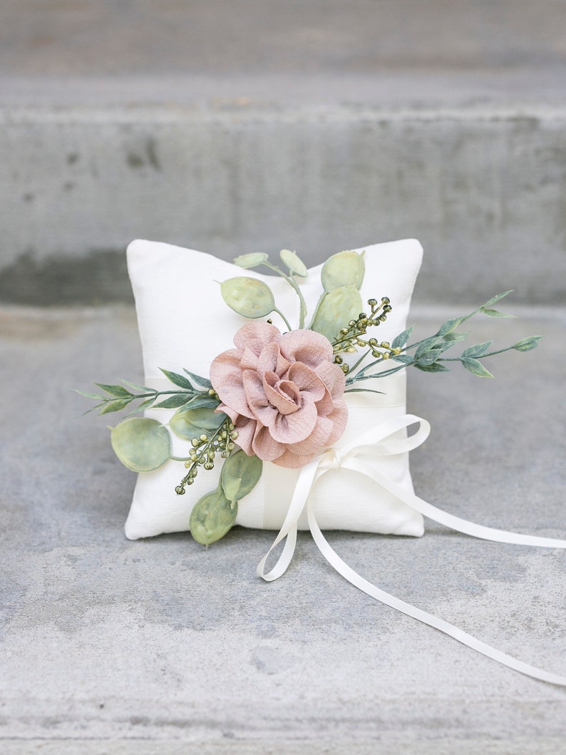 Ring Bearer Pillow Wedding Ring Pillow Ivory Linen-look Wedding Ring Display Floral Pillow Greenery Pillow Ring Cushion Photo Prop Warm Taupe