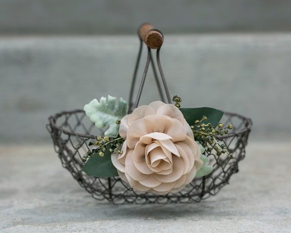 Rustic Flower Girl Basket | Small Flower Girl Gift | Rustic Wire Basket | Barn Wedding Basket | Choose Nude or Ivory Flower