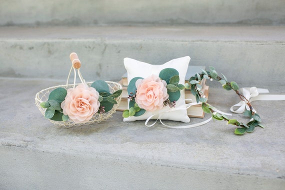 Flower Girl Basket, Ring Pillow & Crown Set | Ivory Wire Flower Basket | Green Flower Crown | Flower Girl Set | Spring Boho Flower Girl