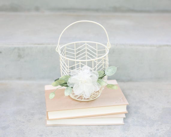 Boho Flower Girl Basket | Small Flower Girl | Light & Airy Wedding Decor Metal Basket | Wedding Decor Basket | Petite Ivory Wire Basket