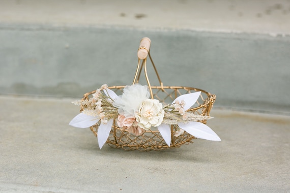Boho Champagne Gold Flower Girl Basket | Desert Wedding Decor or Gift Basket | Modern Decorated Flower Girl Sets | Matching Wedding Set