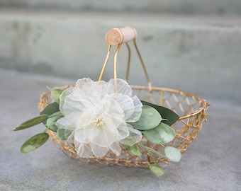 Champagne Gold Metallic Flower Girl Basket | Golden Wedding or Gift Basket | Modern Decorated Flower Girl Basket | Gold Glam Wedding Decor